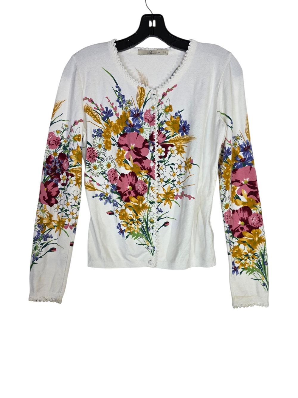 Blumarine Floral Button-Front Cardigan White with Pink & Mustard Bouquet